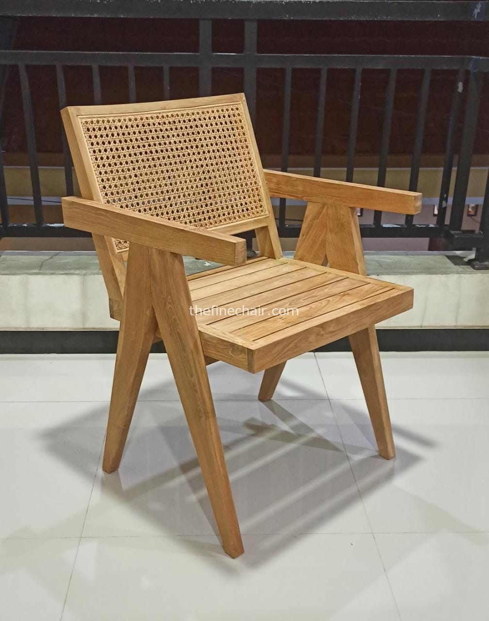 Jeanneret Dining Armchair Set with Cane Backrest Teak Wood Dining Chair with Seat & Back Woven Synthetic Rattan - Image 1